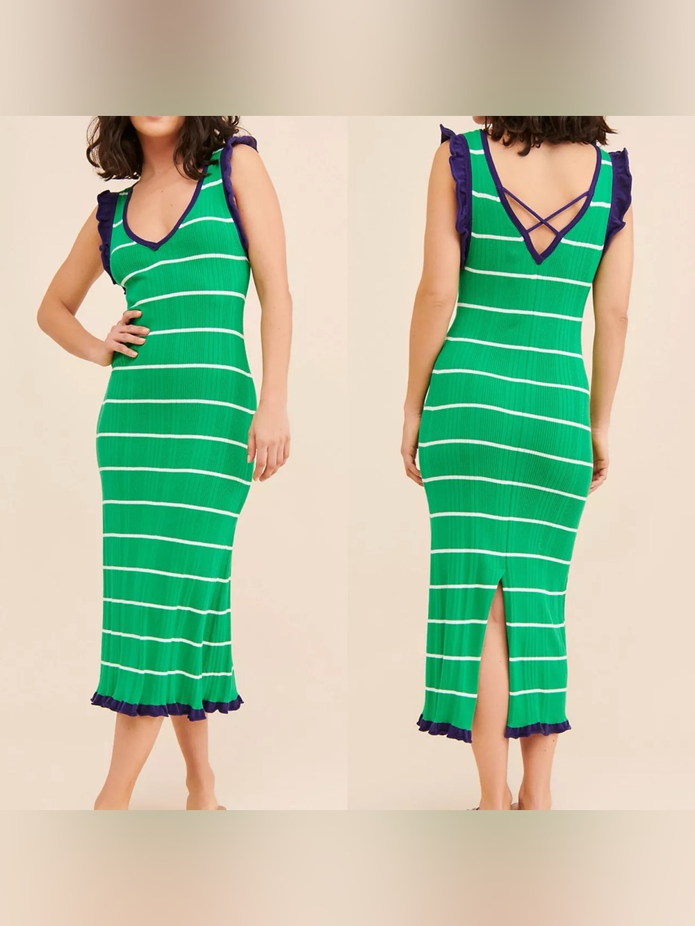 Anthro Daily Practice Rosie Knit Crisscross Coquette Midi Dress XS Nautical